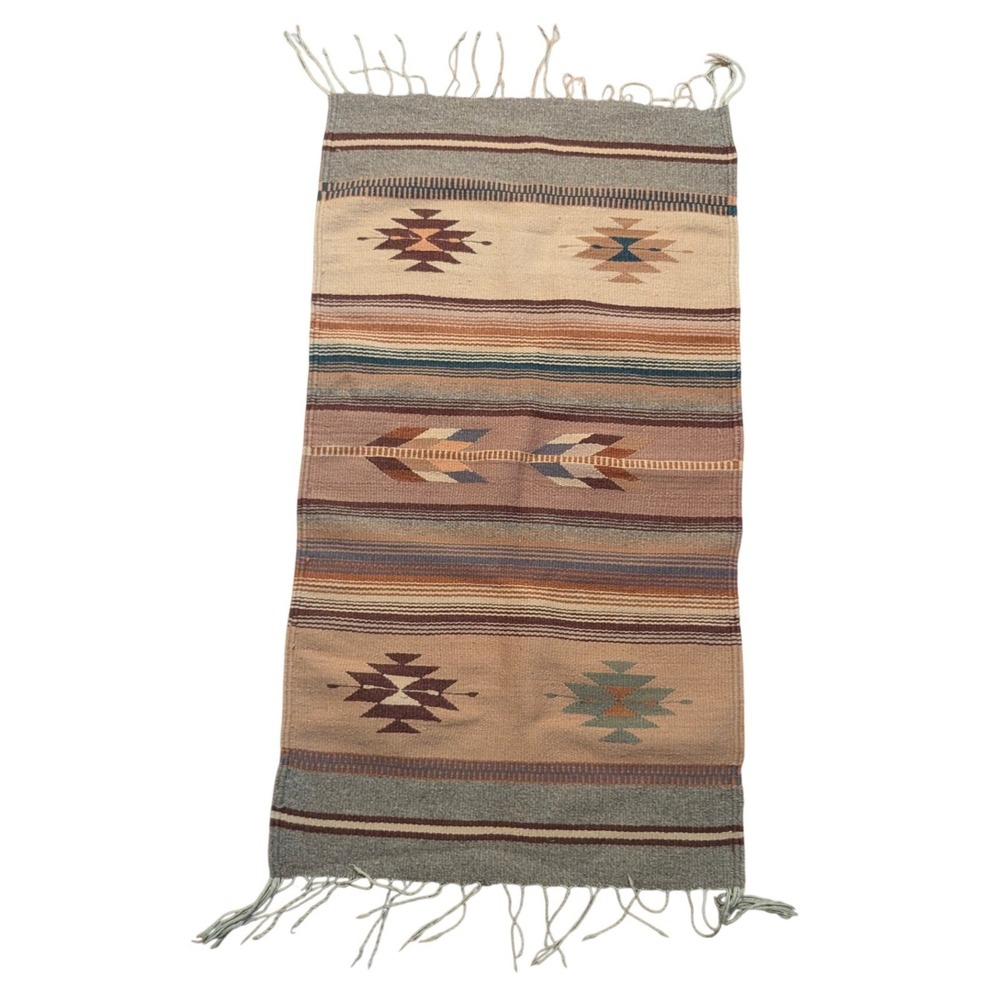 Southwestern Handwoven Wool Rug Geometric Fringed Runner Tan Brown 22x41